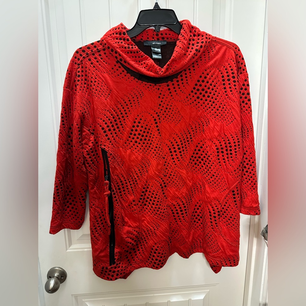 Ali Miles Red and Black Cowl Art Deco abstract  Neck knit tunic XL